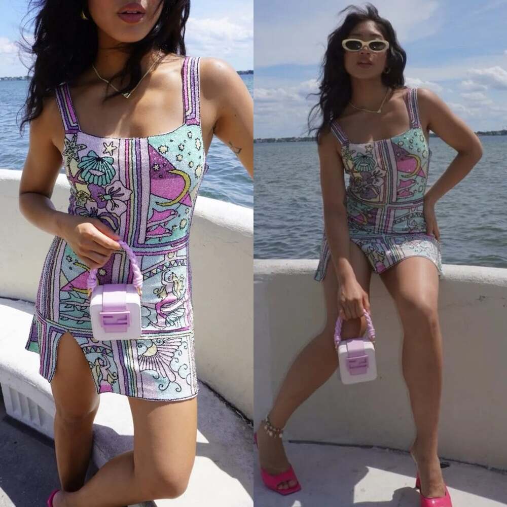 Oceanus Talia Multicolor Hand Beaded Crystal Mini Dress Size M NWT